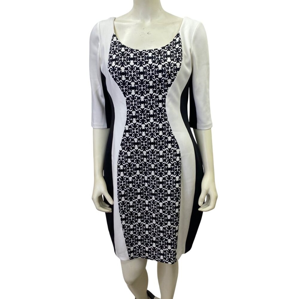Sangria Black & White Floral Print Bodycon Dress With 3/4 Sleeves 12 Petite